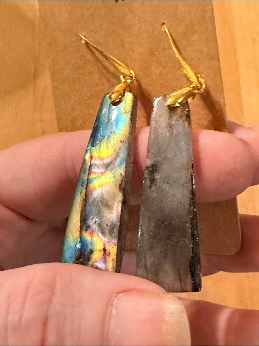 Beautiful Blue/Green/Yellow Labradorite Earrings w/14K Gold Plated Hooks